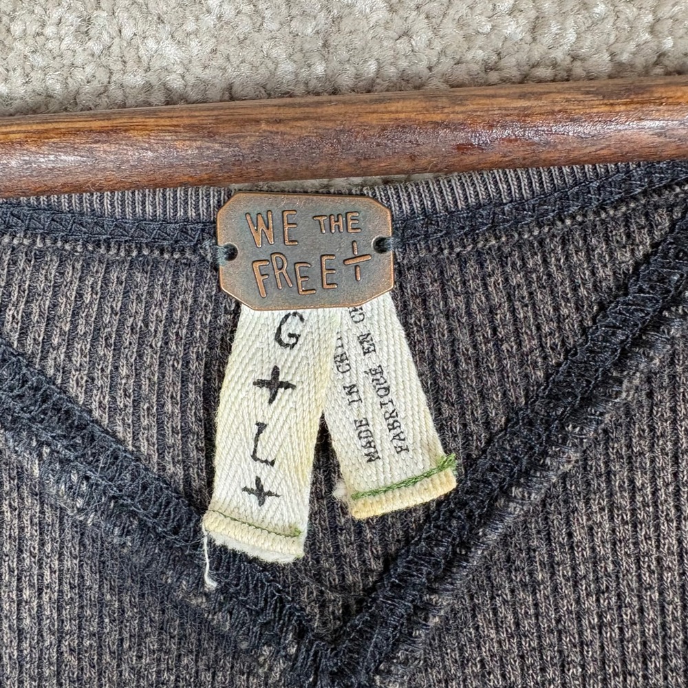 We The Free Free People Charcoal Gray Waffle Knit Thermal V-Neck Top Large - Picture 5 of 7